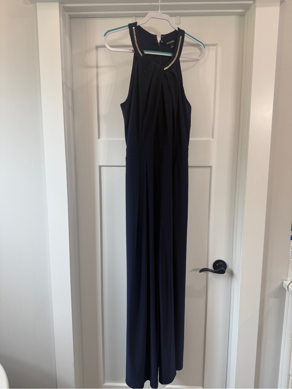 Roz & Ali Navy Halter pants suit with Beaded Neckline